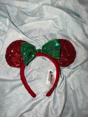 Disney Parks Red Sequin Minnie Ears with Green Bow